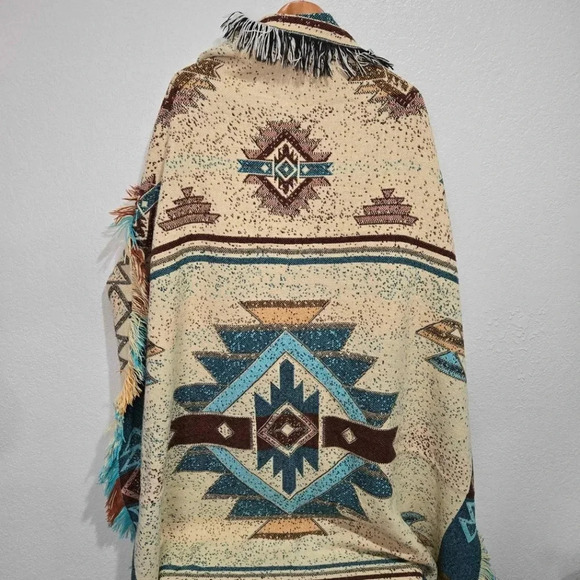 Southwest Tribal Fringe Throw Blanket Tapestry Turquoise Boho Vintage - Picture 3 of 3
